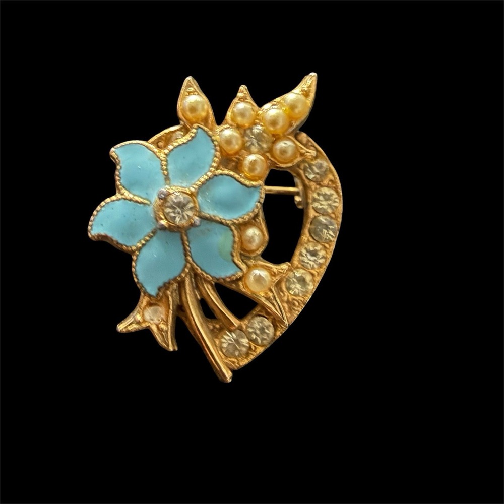 Vintage Turquoise Faux Pearl Crystal Enamel Heart Brooch Pin Grandmacore Blue